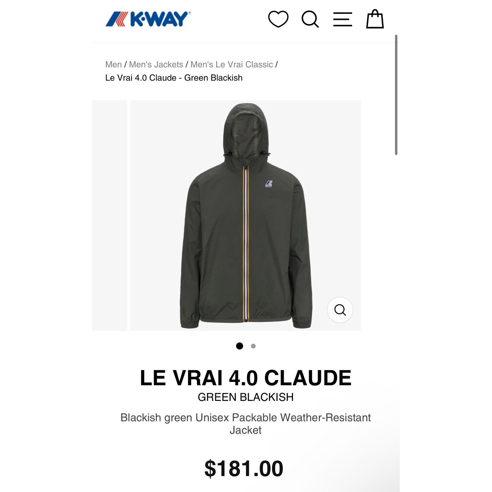 Le Vrai 4.0 Claude Water Repellent Jacket Dark Green Waterproof Hooded Packable